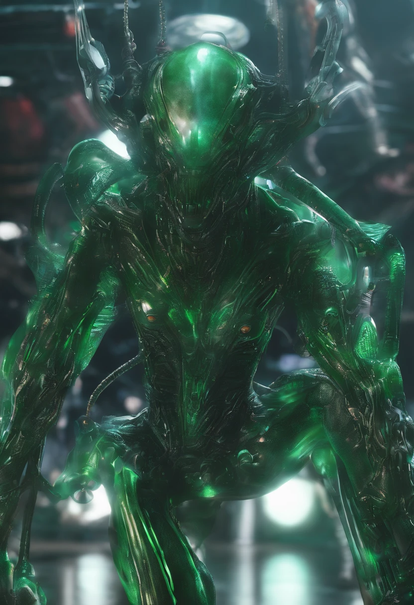 Uma grande gosma verde, transparente, gosma, with a tech utility belt inside, olhos brancos, olhos sem profundidade, gosma, slime, escorrendo para baixo, with arms, com pernas, with head