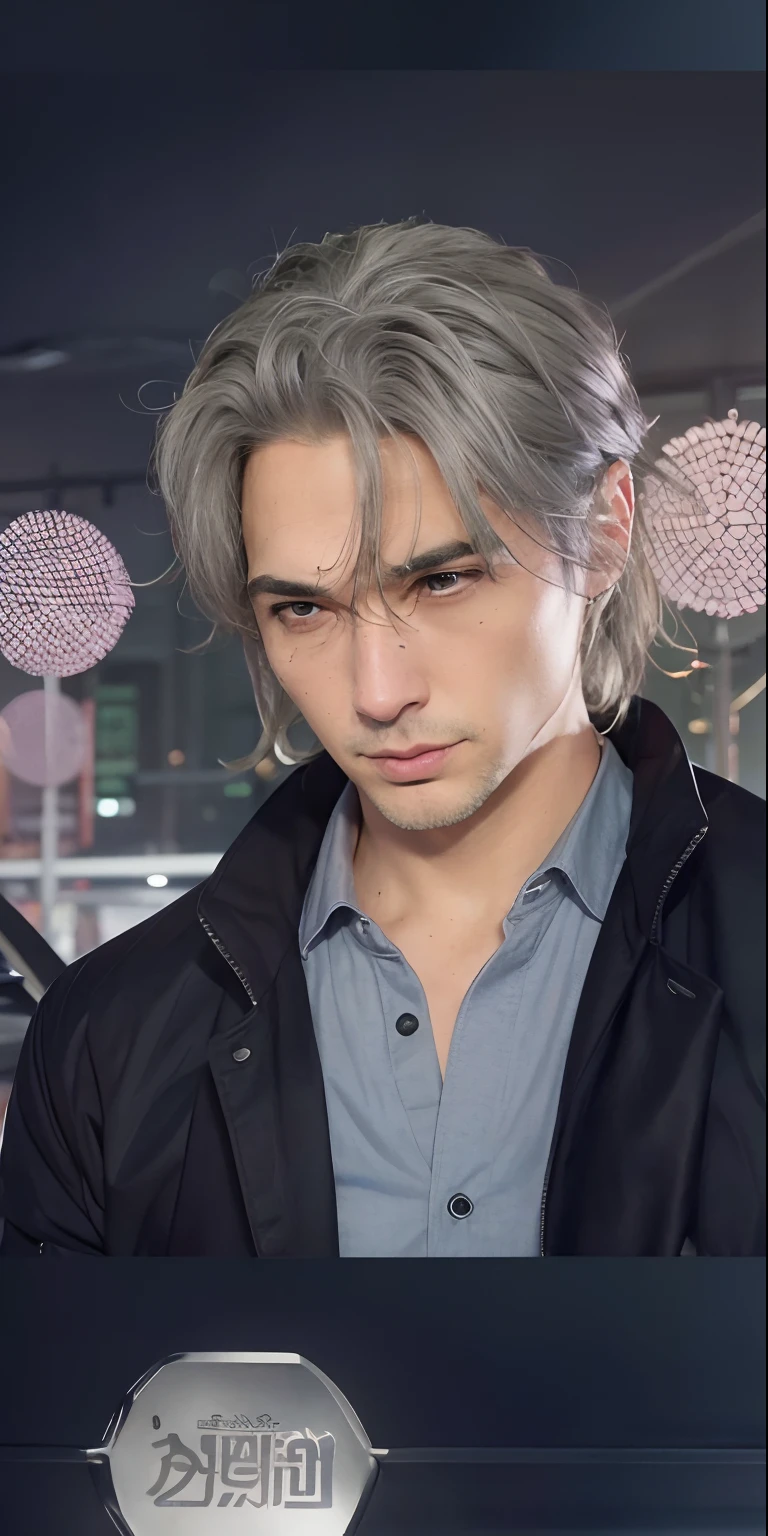 A man, gray hair, gray eyes, dark blue outer shirt and white undershirt, realistic