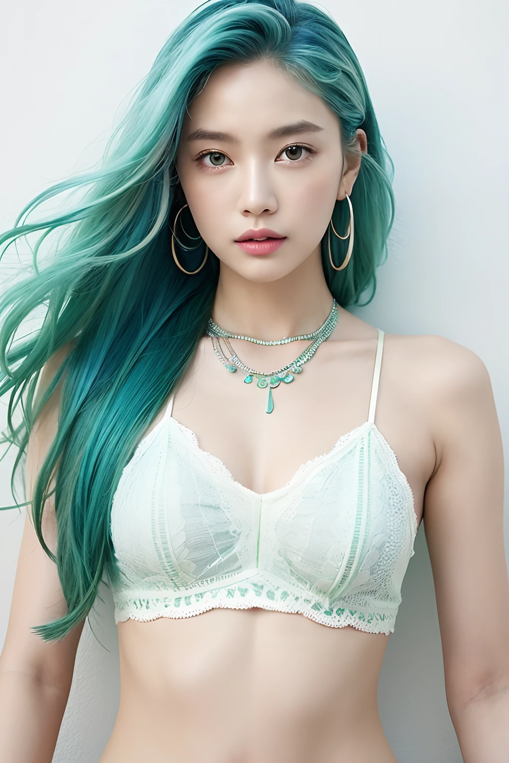 (extra detailed body、extra detailed face、best qualtiy:1.2)、femele、looking at the viewers、(Blue and green gradient hair color、Fancy piercings、a necklace、Split abs、hippy)、(Ivory wall on background)