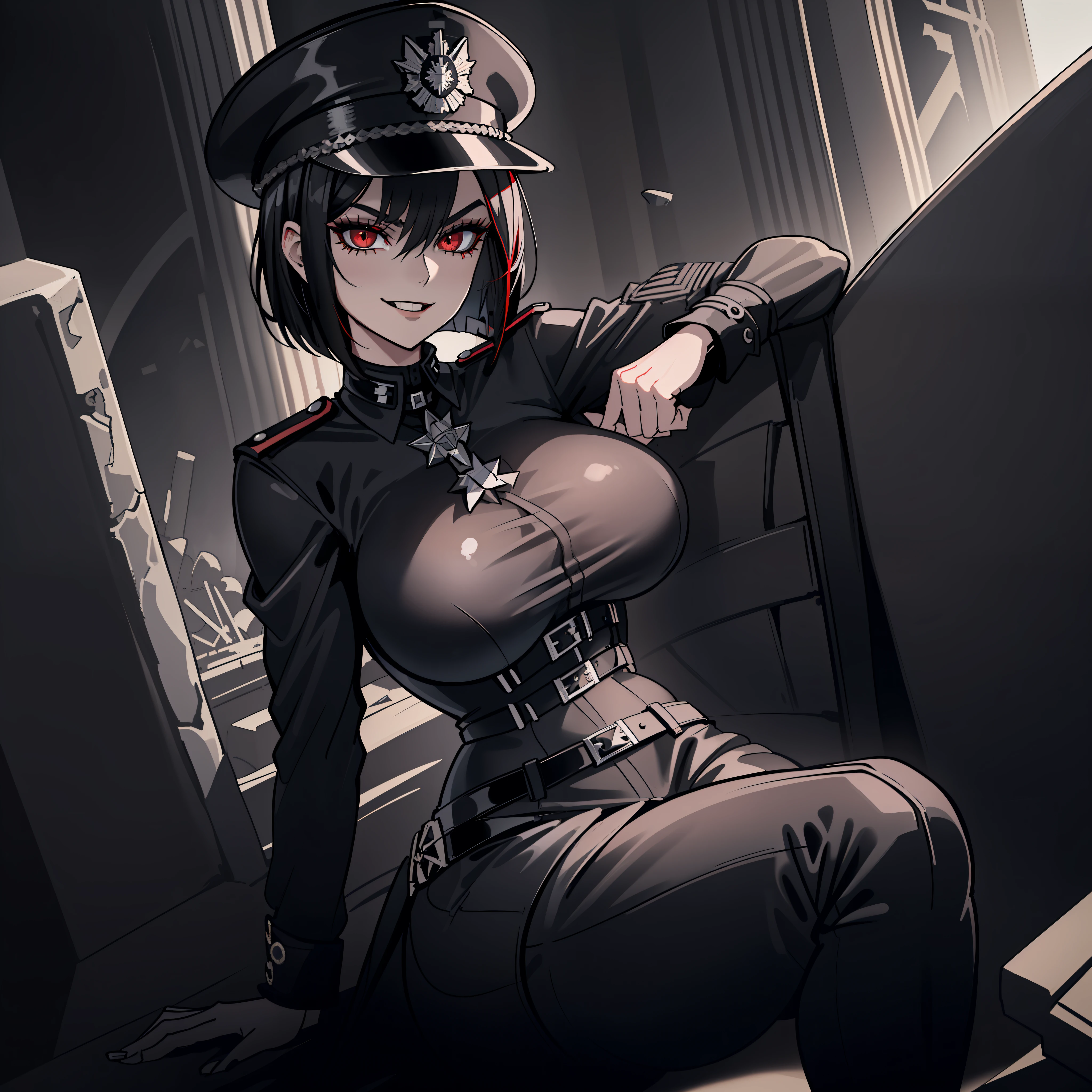 ((Masterpiece, top quality, super definition, ultra definition)), Solo, (Full body), ((27-year-old goth woman in black leather German official uniform in a cemetery)), ((wearing an army black leather hat)), ((Clear expression of body unevenness)), looking at the camera, female body, chest to show (covered nipple), ((nipple lozenges): 1.4), ((large breasts)), red eyes,  ((black hair bob)), horizontal seat, (strong makeup), constricted pupils, black pupils, (detailed hands), ((tall woman)), ((sadistic smile)), sharp focus, dynamic angle, deep shadows, spread legs