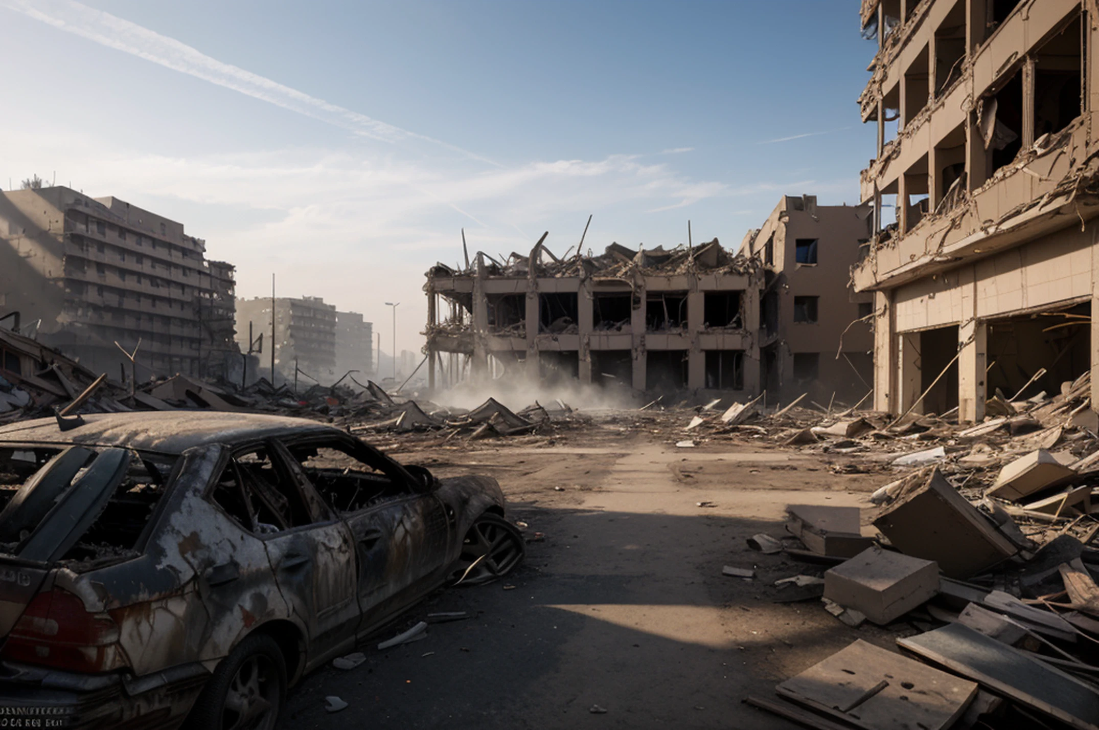 8K, Raw photo, Best Quality, masutepiece,Realistic, Photorealsitic,Alafed car in a destroyed city against the background of buildings, outdoors ruined cityscape, Destroyed modern buildings, destroyed city in the background, in a ruined cityscape, Destroyed buildings, wrecked buildings, , Destroyed city,, Cloud of dust and building debris, Ruined cityscape, in a post apocalyptic city