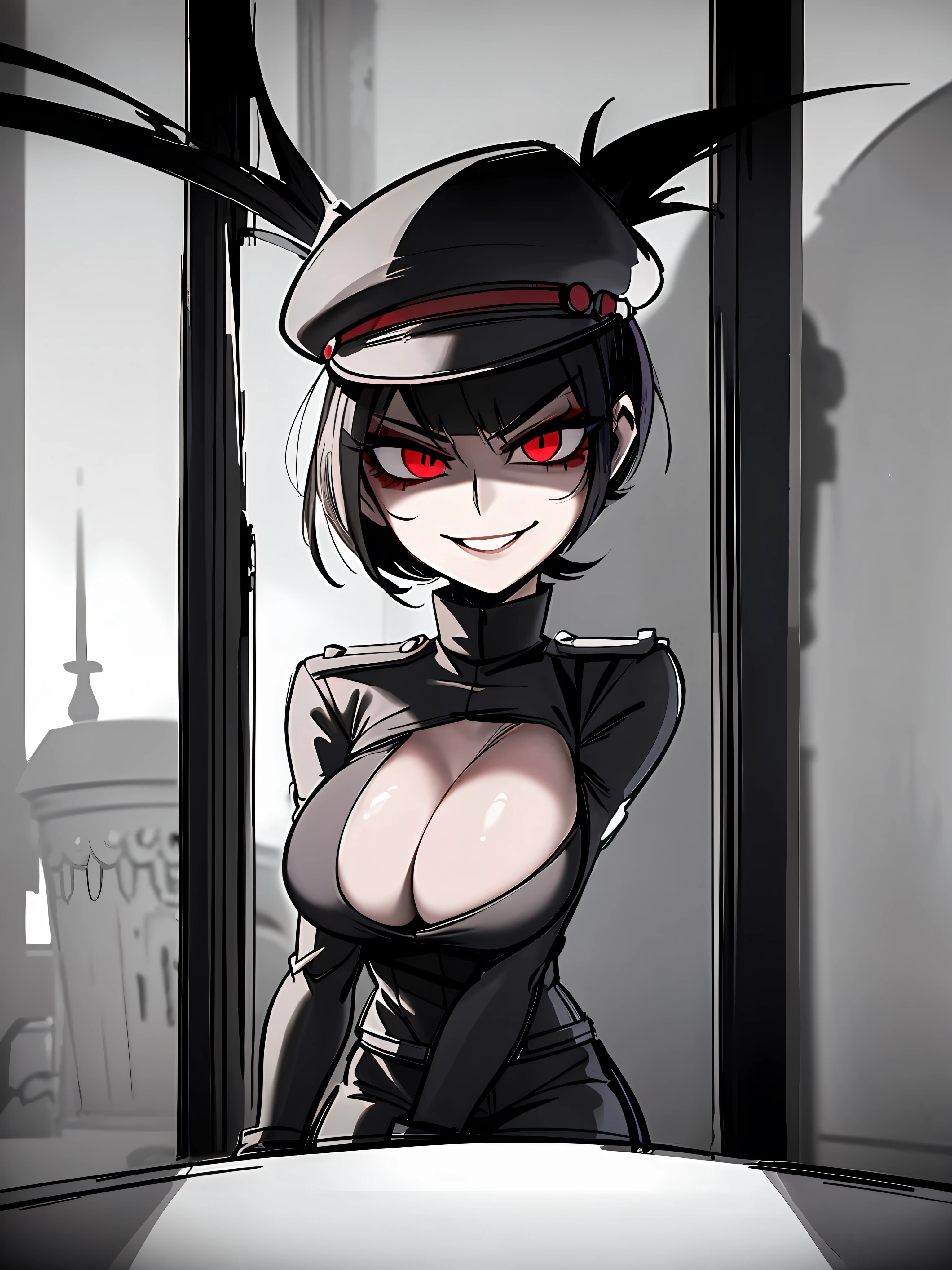 ((Masterpiece, top quality, super definition, ultra definition)), Solo, Full body, (((27-year-old goth woman in German official black leather uniform)))), ((wearing a black army leather hat)), ((Clear expression of body unevenness)), looking at the camera, (sitting with her back to the wall and bent knees), female body, nipple shape stands out, (((absurdly large breasts)), red eyes, ((black hair bob)), front zoom, horizontal seat, yandere, (strong makeup), constricted pupils, blank star, (SFW), dark, detailed hands, (tall woman), ((sadistic smile)), sharp focus, dynamic angle, deep shadows