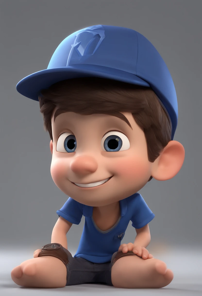 A happy cute boy standing short hair with dark blue cap , vestindo uma camisa azul , , fundo branco, barnet, Tom, Estilo Pixar, ....3d, desenhos animados, rosto detalhado, asymmetrical 16k