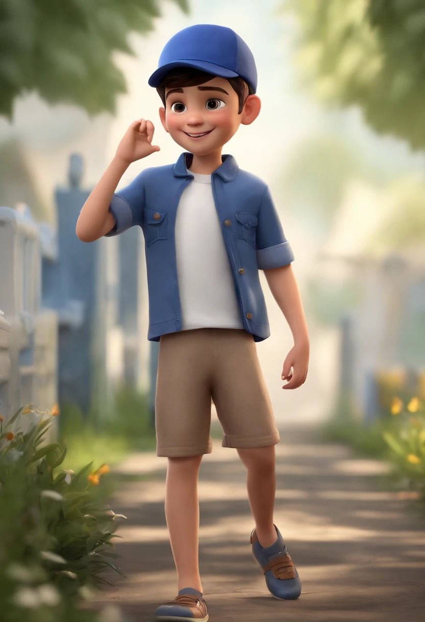 A happy cute boy standing short hair with dark blue cap , vestindo uma camisa azul , , fundo branco, barnet, Tom, Estilo Pixar, ....3d, desenhos animados, rosto detalhado, asymmetrical 16k