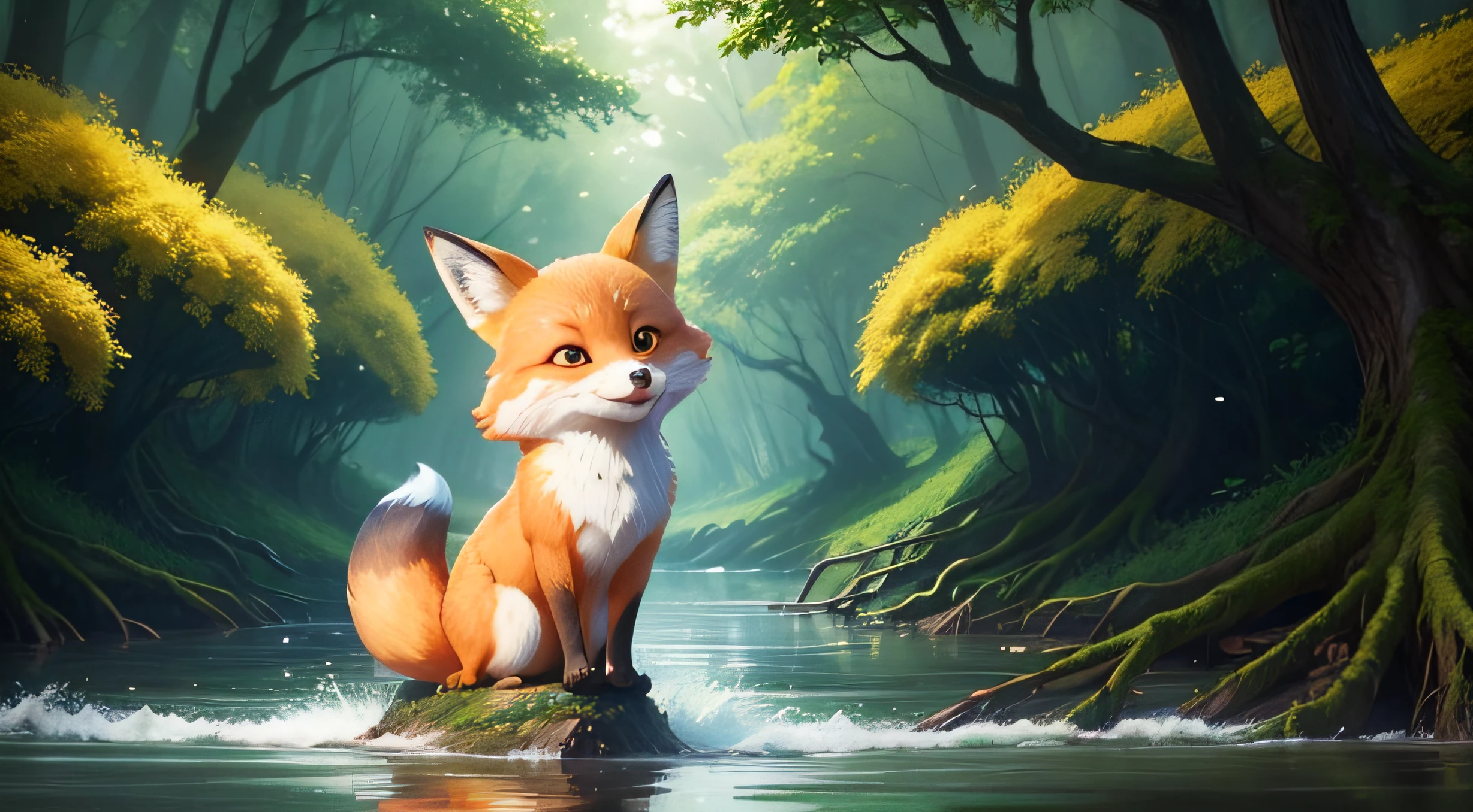 front view of a adorable fox Crossing a fallen tree trunk in a river, back the Lens, Pixar Movie Style, best quality, Cinematic Movie Still, very cute, big eyes, bright eyes, yellow flowers around path, opening your mouth, very happy, amazing eyes, Fallen tree trunk in the river, Pixar Style Movie