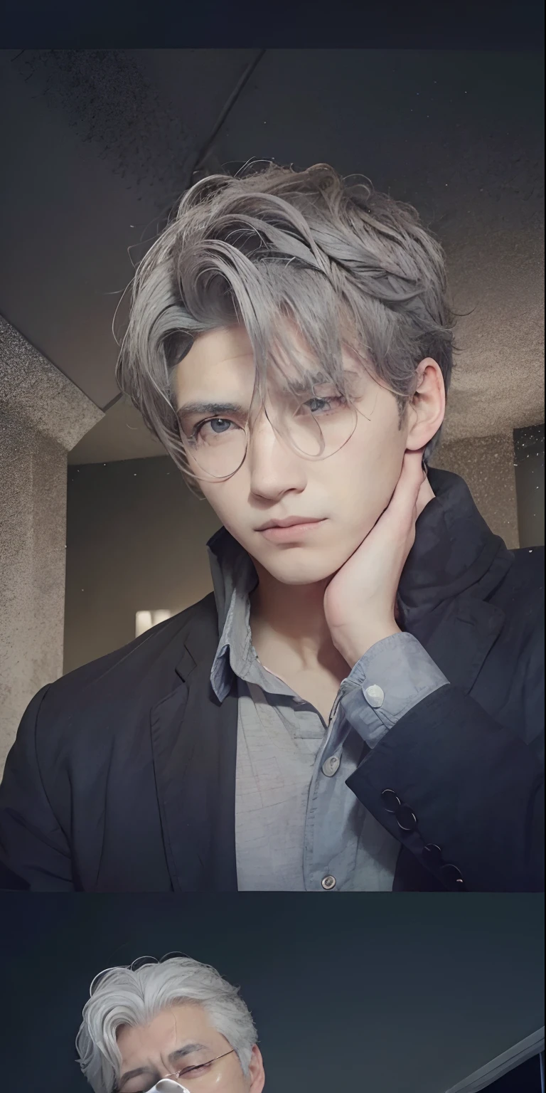 A man, gray hair, gray eyes, dark blue outer shirt and white undershirt, realistic