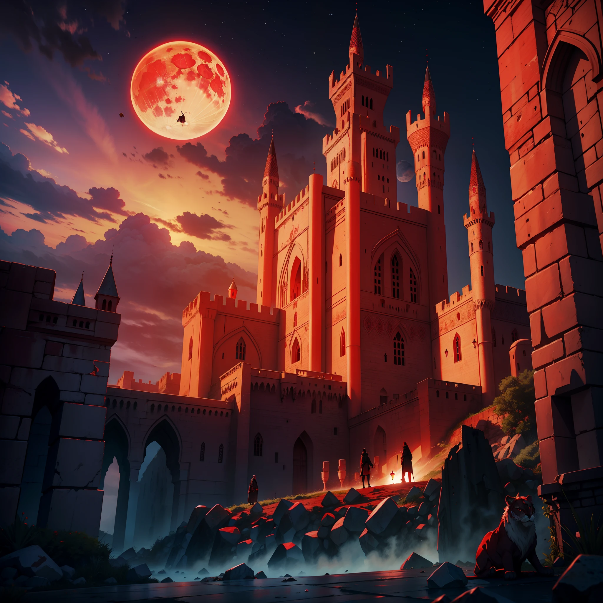 Moroccan Islamic Castle of Dracula Bright red moon behind the castle Great Legendary Islamic Architecture Built on Vampire Lion Statues Super Realistic Hyper Realistic Rock Texture Dynamic Shot Dynamic Shot Dynamic Shot 3D View