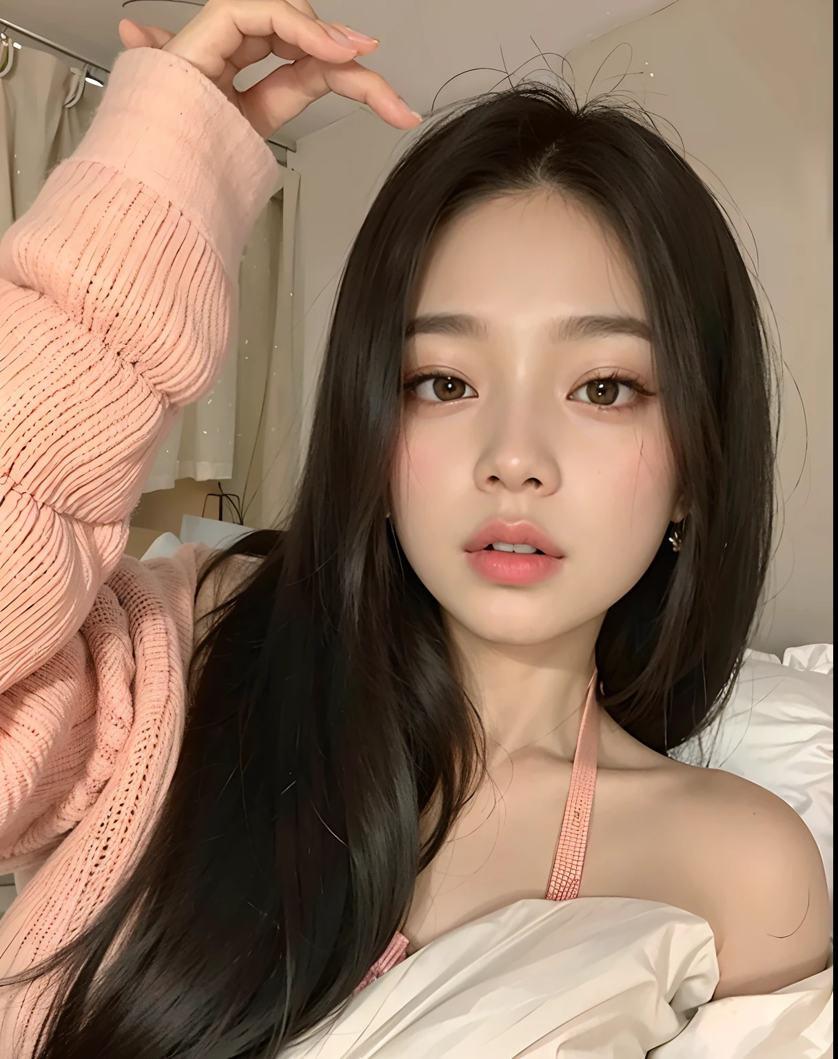 Araffe Asian woman with long black hair lying on the bed, jennie pink black, ulzzang, beautiful south korean woman, Beautiful young Korean woman, young and adorable korean face, korean girl, Beautiful young Korean woman, pale korean adorable face, Young cute pale asian face, with round face, south east asian with round face, Korean face features, pale round face