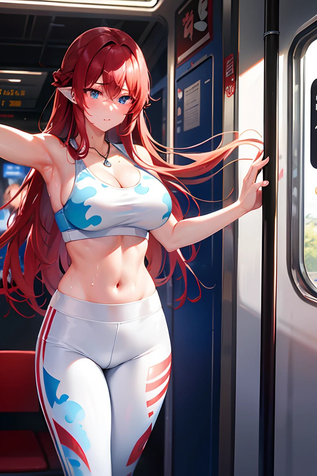 Reflection of the rising sun　On the train　is standing、full of sweat、White Fitness Bra　Use English characters、cyan colors　Camouflage pattern　Athletic Pants、Black lace　pantyhose、Navel Ejection、 Red-haired　Wave Long Hair　Twin-tailed、wrist watch、Colossal tits　Whip whip、sapphire earrings、Sports Necklaces、Blue eyes、embarassed face、Armpit