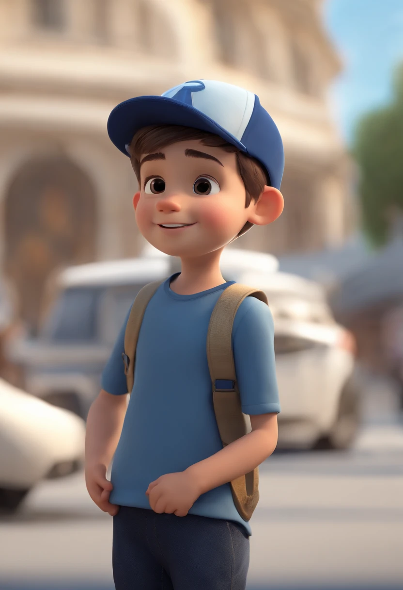 A happy cute boy standing short hair with dark blue cap , vestindo uma camisa azul , , fundo branco, barnet, Tom, Estilo Pixar, ......3d, desenhos animados, rosto detalhado, asymmetrical 16k