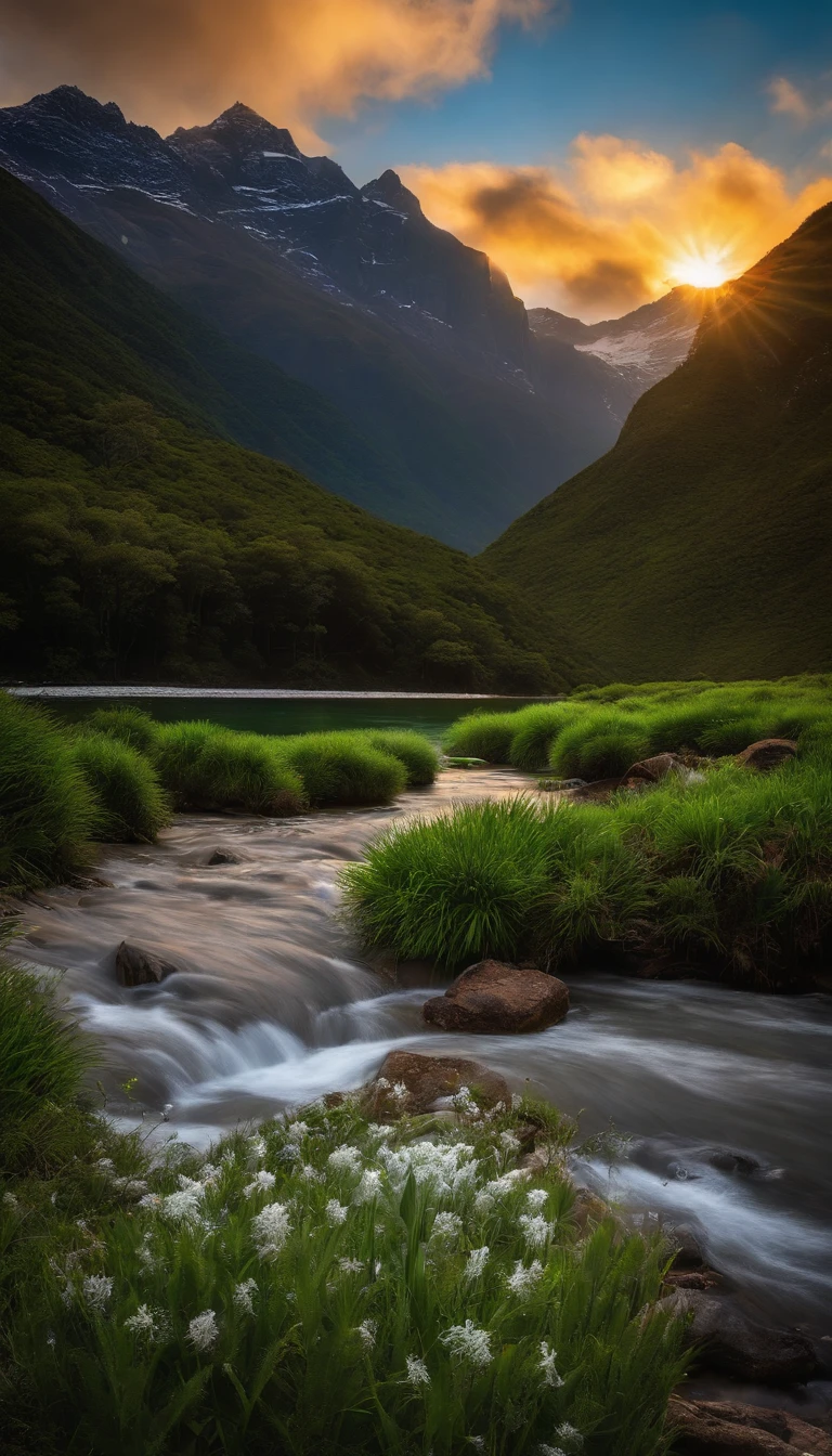 Montanhas cobertas de neve imponentes, Lago azul-turquesa, (Florta), flor, brazi, grama, bambu, primavera, ensolarado, luz solar forte, Chiaroscuro, Cliffs, Panorarão, 4k, alta qualidade ultra realista