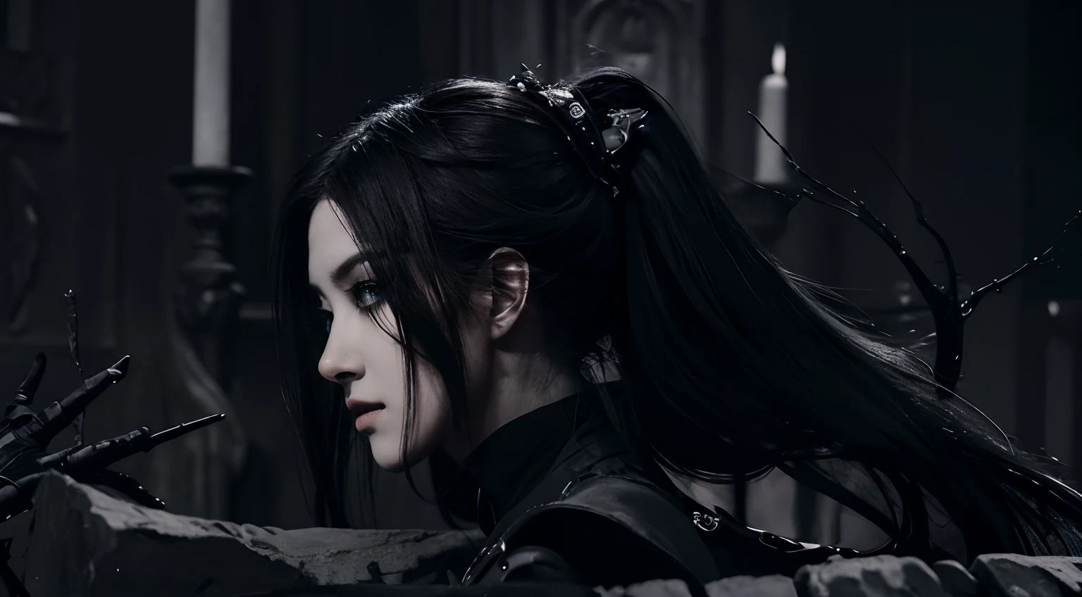 (best quality, highres:1.2), realistic, black dress, black hair, dark theme, black background, dark ninja, intense gaze, elegant posture, flowing dress, detailed facial features, long eyelashes, contrast, fine details, dramatic atmosphere, gothic style, intense emotions, monochrome color palette, captivating setting, haunting beauty, artistic photography, everything is black
