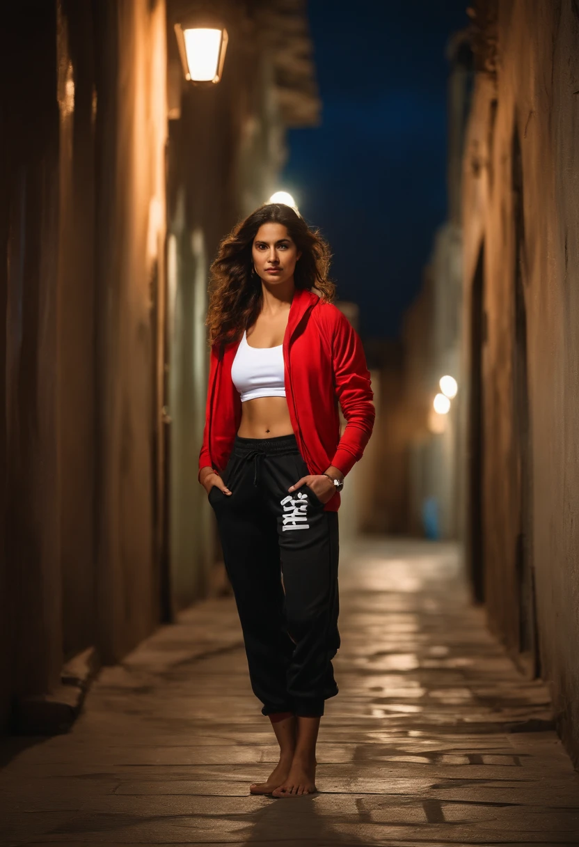 Generate an image of a beautiful middle-eastern woman wearing a red tracksuit, flip-flops, and a white women's tank top in a enlightened alley at night. She is standing in fighting stance one foot in the air, barefoot (she has removed her flip-flops, which are on the ground). There is a sports bag on the ground with the word 'taekwondo' written on it. The three thugs she beat are lying on the ground. the thugs wear street clothes.