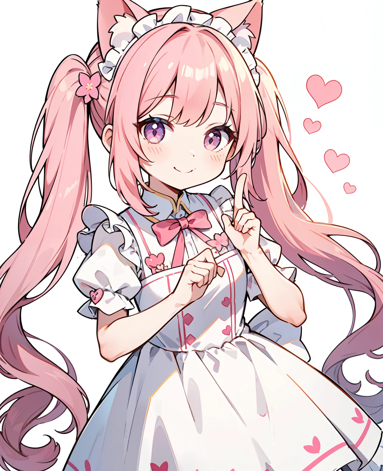 独奏, Dress, flower, Long hair, White Dress, Pink twin tails, Very long hair, Cat's ears,maid clothes, Finger Heart, a smile