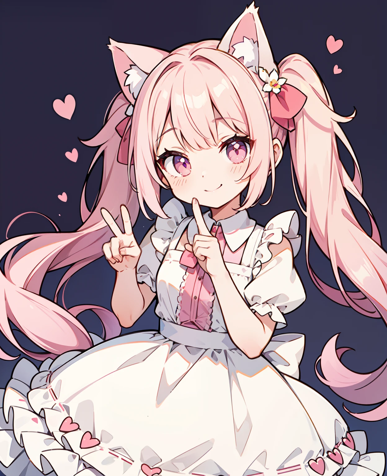 独奏, Dress, flower, Long hair, White Dress, Pink twin tails, Very long hair, Cat's ears,maid clothes, Finger Heart, a smile