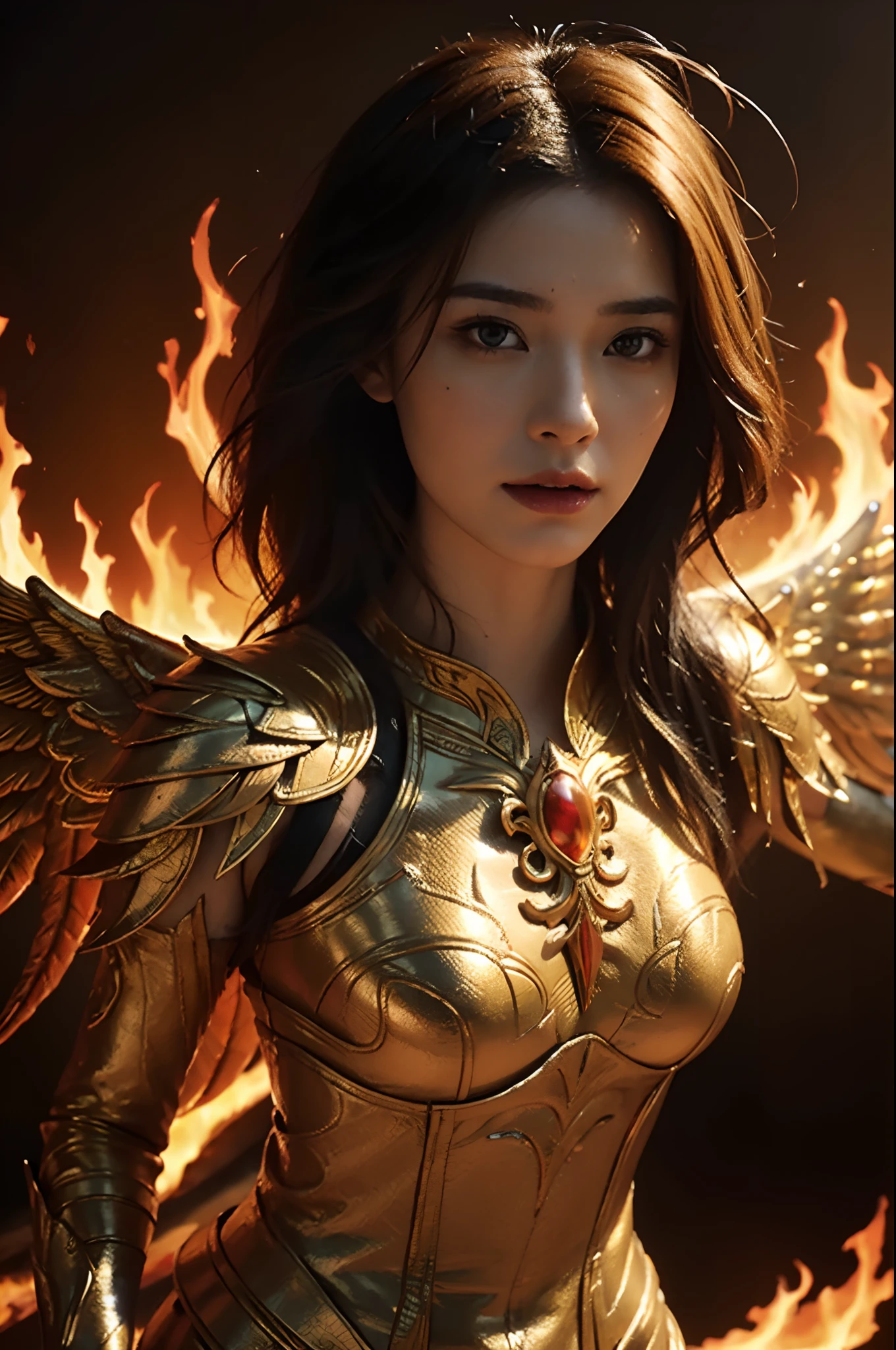 A closeup of a woman，There is fire and flame on the body, with fiery golden wings of flame, with fiery golden wings, Epic fantasy art style, concept-art | Art germ, phoenix warrior, Extremely detailed Artgerm, Epic fantasy digital art style, female lord of change, full portrait of elementalist, epic exquisite  character art