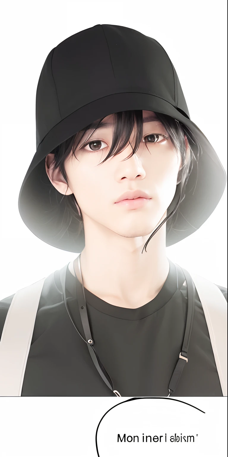 A man, black hair, black eyes, black hat, black clothes, white bag, realistic