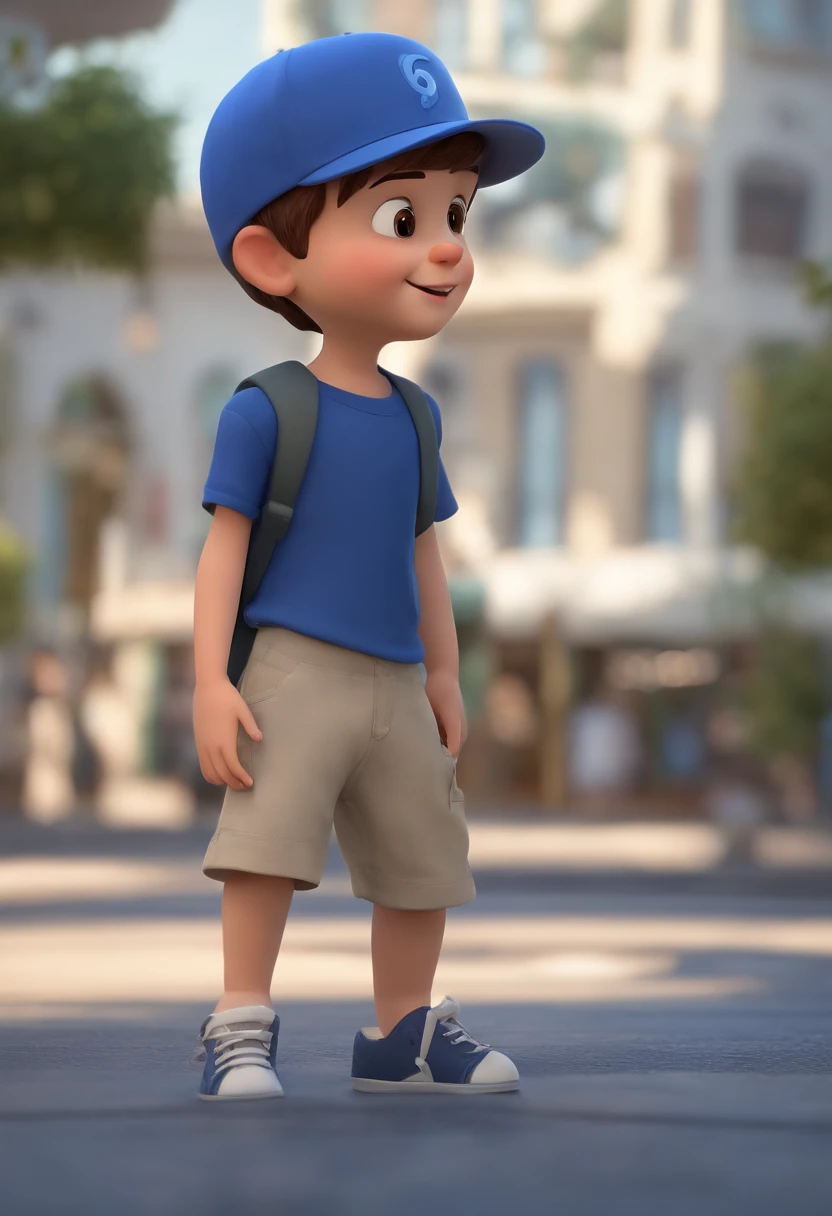 A happy cute boy standing short hair with dark blue cap , vestindo uma camisa azul , , fundo branco, barnet, Tom, Estilo Pixar, ......3d, desenhos animados, rosto detalhado, asymmetrical 16k
