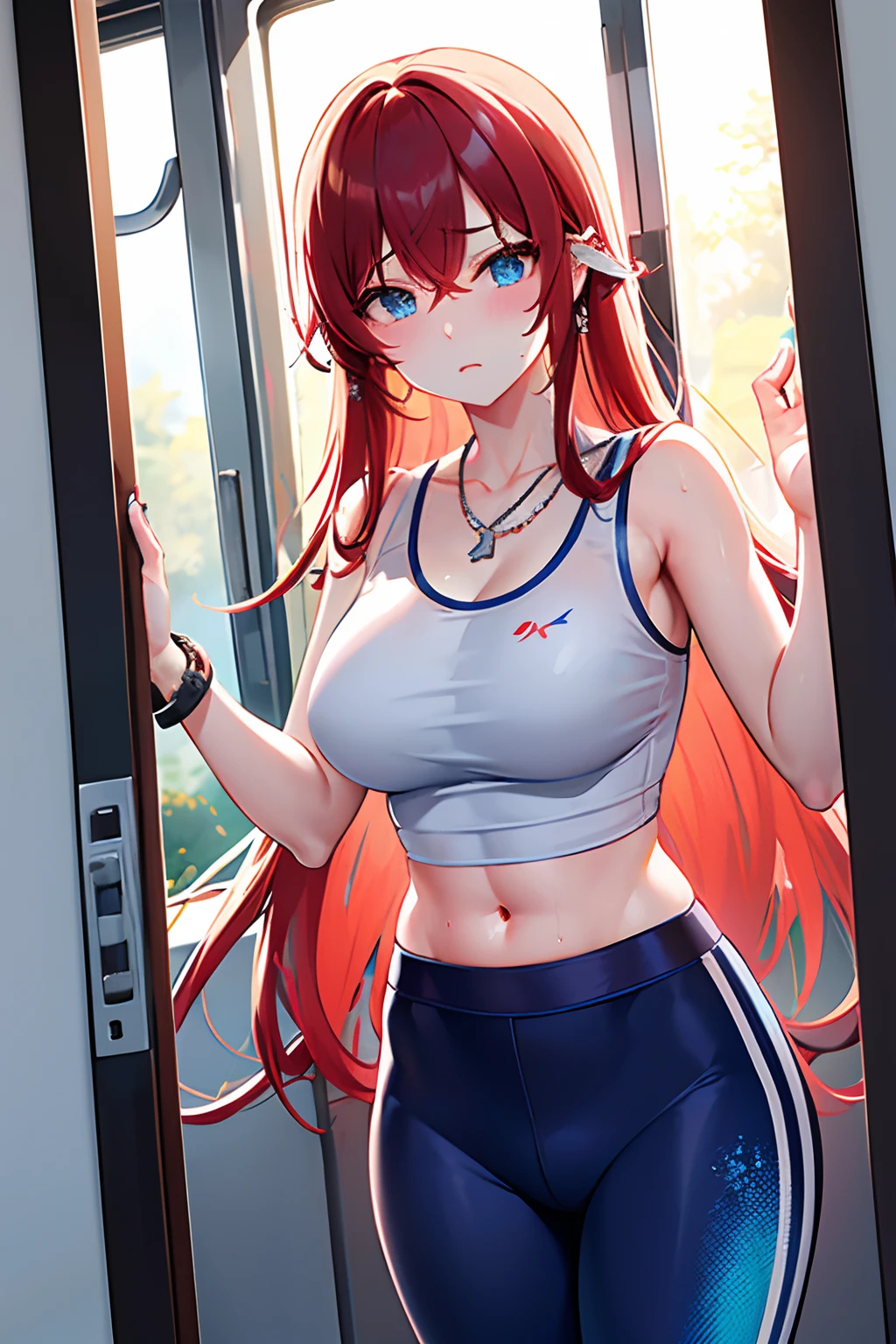 Reflection of the setting sun、On the train is standing Turning around、full of sweat、gymnastic suit white colors、red buruma、Black lace pantyhose、Navel Ejection、 orange color hair Wave Long Hair poneyTail、Colossal tits Whip whip、sapphire earrings、Blue eyes、embarassed face、gargantuan butt