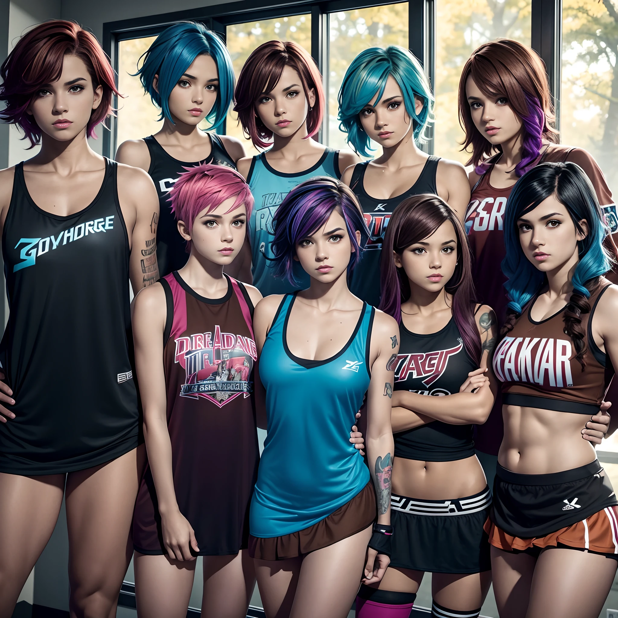 4 women, one tomboy punk girl with colored hair, one athletic girl in skimpy athleticwear wirh dark hair, one gamer girl in loose clothing, one cottagecore nerdy girl in a dress with wavy brown hair