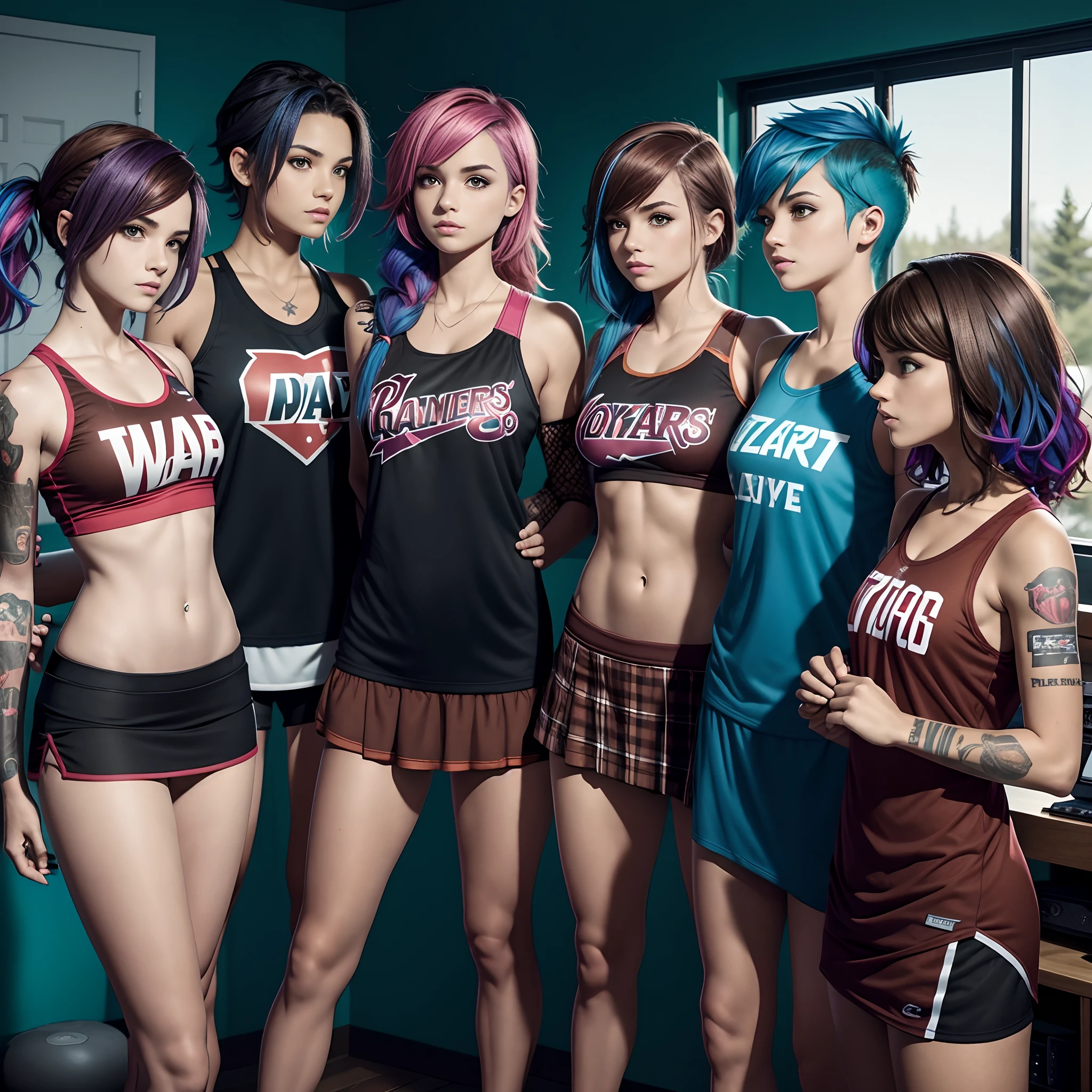 4 women, one tomboy punk girl with colored hair, one athletic girl in skimpy athleticwear wirh dark hair, one gamer girl in loose clothing, one cottagecore nerdy girl in a dress with wavy brown hair