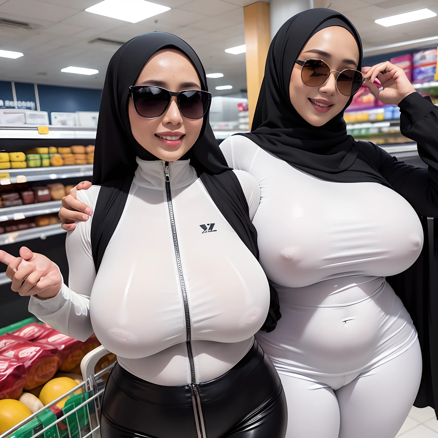 Malaysian hijab milf wearing white Tight Sleeves, Tight Long pants, wearing Luxury black Sunglasses, wet oiled Sleeves, wet oiled Body, huge plump ass, Huge breast, At supermarket,Happy smile