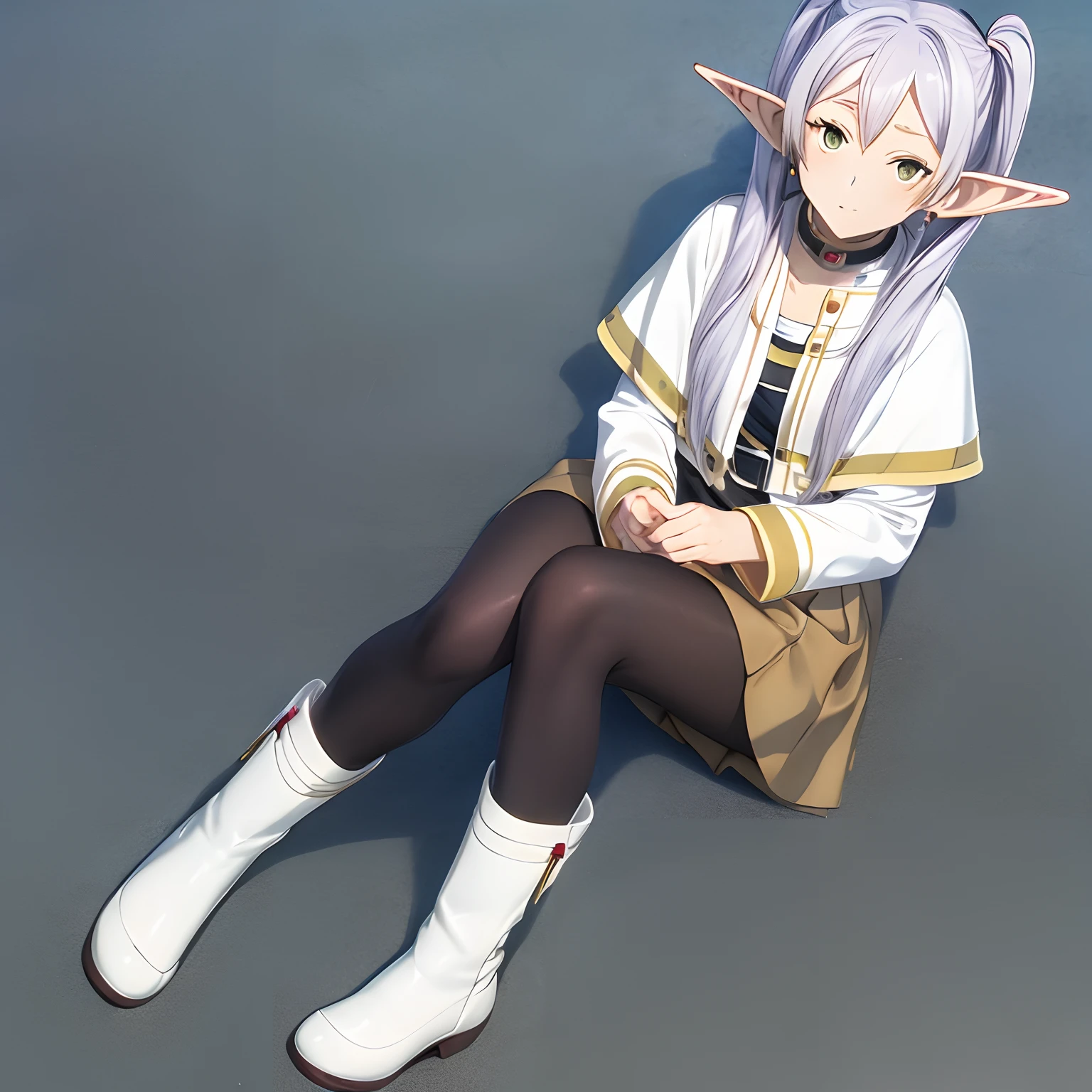 ((masutepiece)), (Best Quality), hight resolution, Ultra-detailed,
1girl in, earrings, elf, Long hair, Long sleeves, pointy ear, Solo, Twin-tailed, Green eyes, earrings, White hair, Looking at Viewer,
white capelet, long boots, Brown Footwear, ((Black pantyhose)),simple background、((a miniskirt))、((Embarrassed expression))、low angles