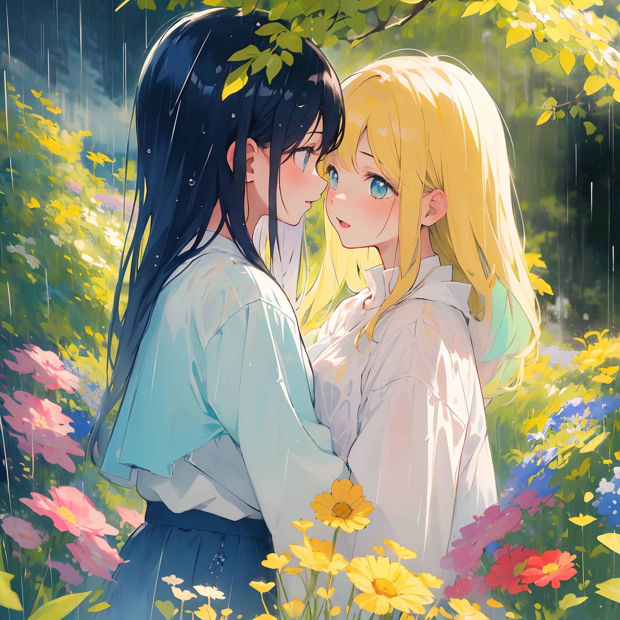 2girls hugging looking at each other, serendipity, extremely detailed, masterpiece, perfect illumination, (raining), (rain), (pastel colors), (muted colors)