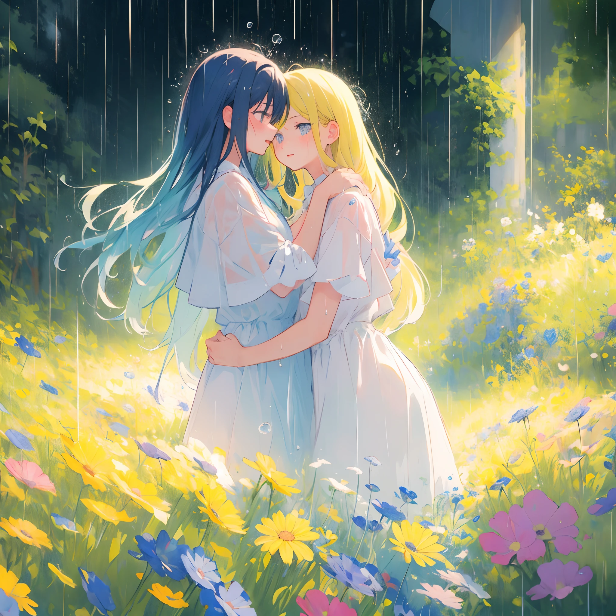 2girls hugging looking at each other, serendipity, extremely detailed, masterpiece, perfect illumination, (raining), (rain), (pastel colors), (muted colors)