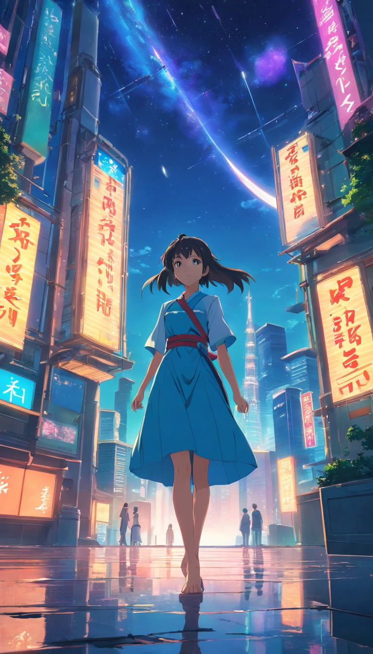 Esto es、Fondo de pantalla ultra detallado de CG Unity 8K, high-resolution and top quality in cyberpunk style, El negro y el azul dominan. En la imagen, Hermosa chica con cabello corto verde desordenado,Ojo derecho rojo y ojo izquierdo azul、 Cara delicada, Estrellas brillando en el cielo nocturno y una gran luna,Fantasy world with fantastic scenes, Bosque antiguo、Magic Lake、A bright palace is behind the girl、Realismo social, Hiperrealismo, cinematic lighting, Destello de lente, Ultra gran angular