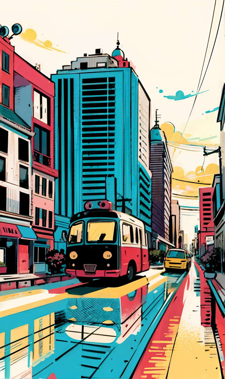 a captivating illustration in a lo-fi style featuring a young blonde girl behind the wheel, driving through the city streets during a beautiful sunset. The artwork should maintain a flat and cute style, reminiscent of digital art. Capture the essence of the tranquil moment as the setting sun bathes the city in warm hues, reflecting off the buildings and creating a picturesque scene. This illustration should embrace the simple and clean style of hand-painted cartoon art, highlighting the charm of the cityscape during the golden hour. Colorful.