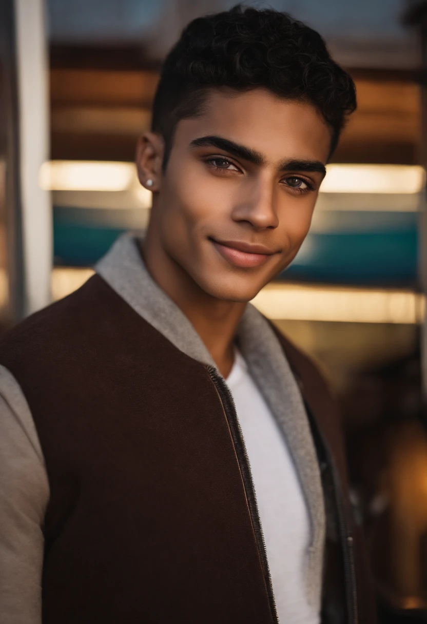 1child, Handsome 18-year-old man, ojos cafe oscuro, pelo negro con rulos largos, estatura baja :1.3, Cara ultra detallada, ojos detallados, long, thin eyelid, sonrisa timida.