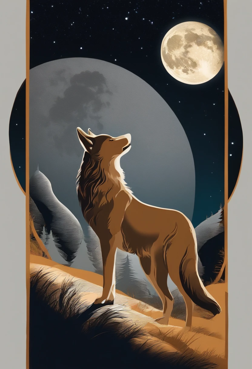 A carta da Lua: Desenhe uma paisagem noturna com uma lua cheia ao fundo. Add a wolf howling at the moon and a female figure in a state of contemplation, representando o mundo dos sonhos, Intuition and mystery.
