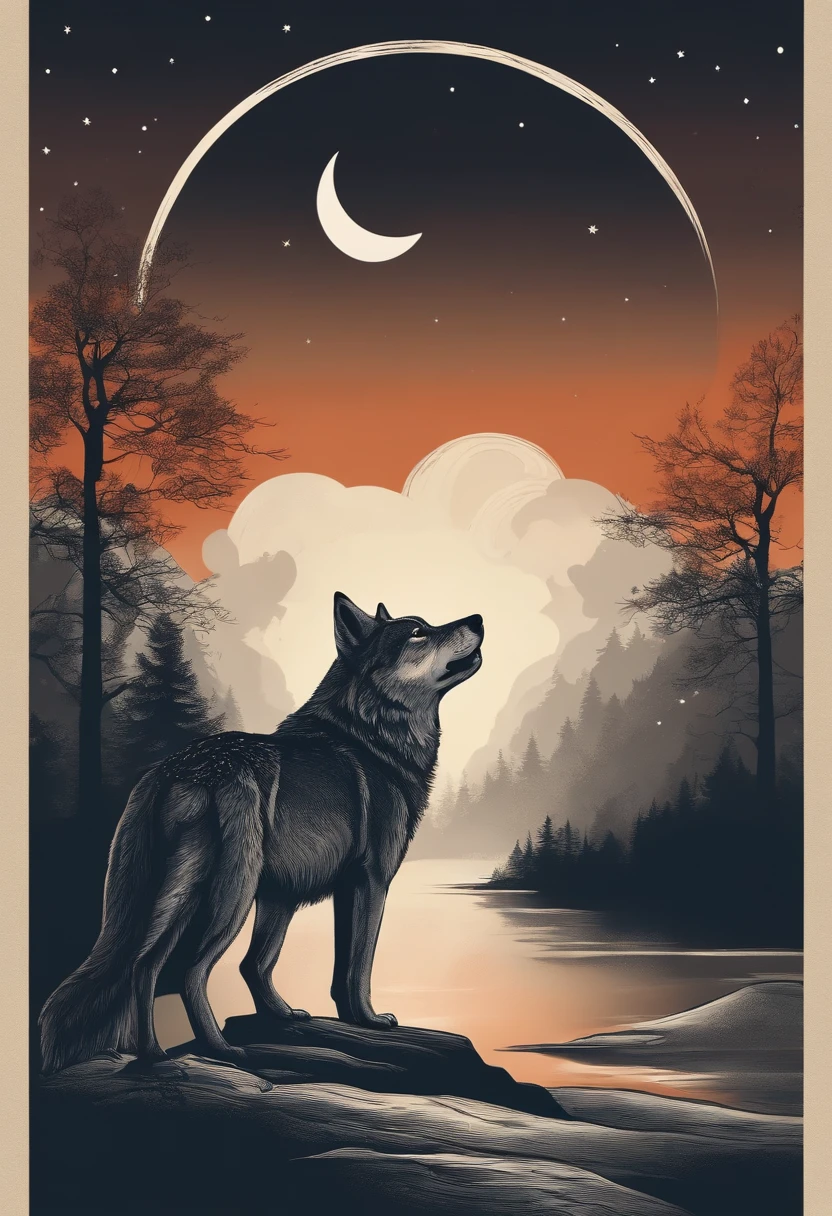 A carta da Lua: Desenhe uma paisagem noturna com uma lua cheia ao fundo. Add a wolf howling at the moon and a female figure in a state of contemplation, representando o mundo dos sonhos, Intuition and mystery.