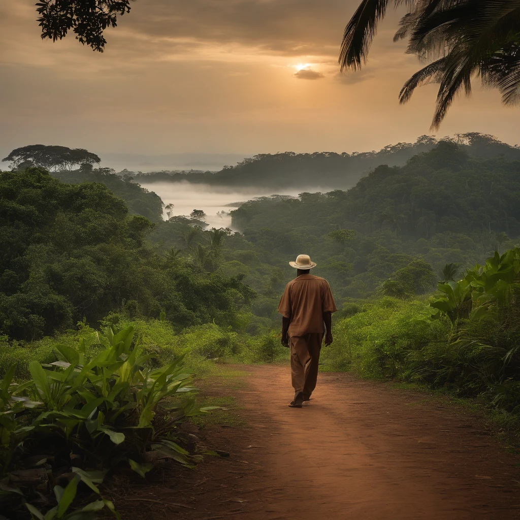 Artefatos de ouro jogados na beira de um rio, selva amazonica, and an old explorer man wearing a brown shirt walking towards the screen