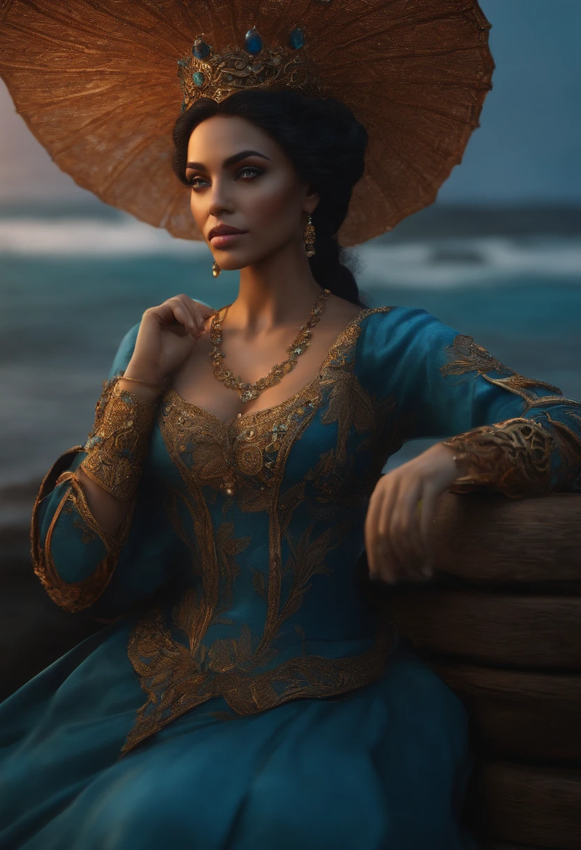 mulher rainha do mar, negra, olhos azuis, sketchfab