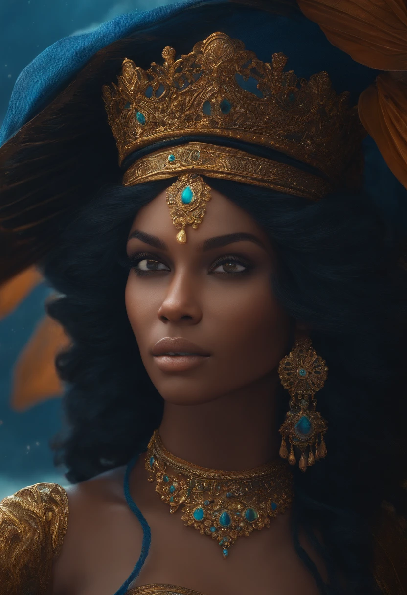 mulher rainha do mar, negra, olhos azuis, sketchfab