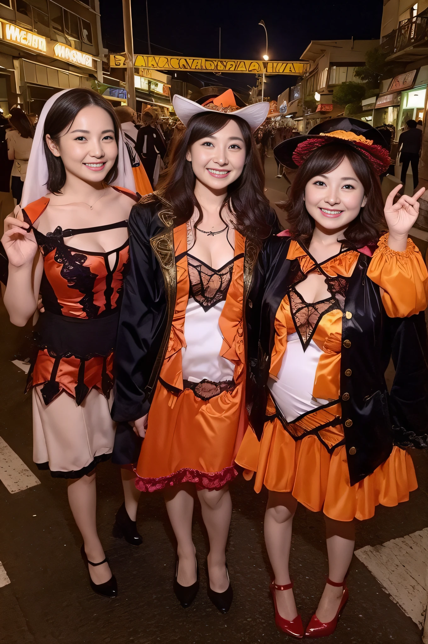 Mature and attractive woman、2 females、Sexy Halloween Costumes、Pubic hair shows through、Smiling、large boob、Muchimuchi's body、a 、A smile、Urban area at night、​masterpiece、top-quality