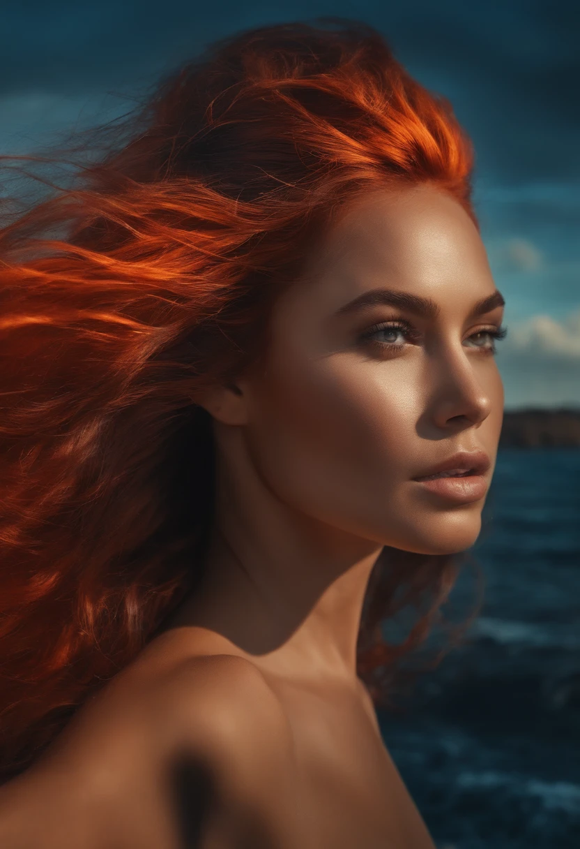 imagine uma mulher sereia de fogo com os cabelo compridos dentro de uma concha , personagem estilo 3d