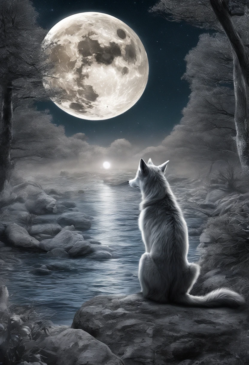 A carta da Lua: Desenhe uma paisagem noturna com uma lua cheia ao fundo. Add a wolf howling at the moon and a female figure in a state of contemplation, representando o mundo dos sonhos, Intuition and mystery.