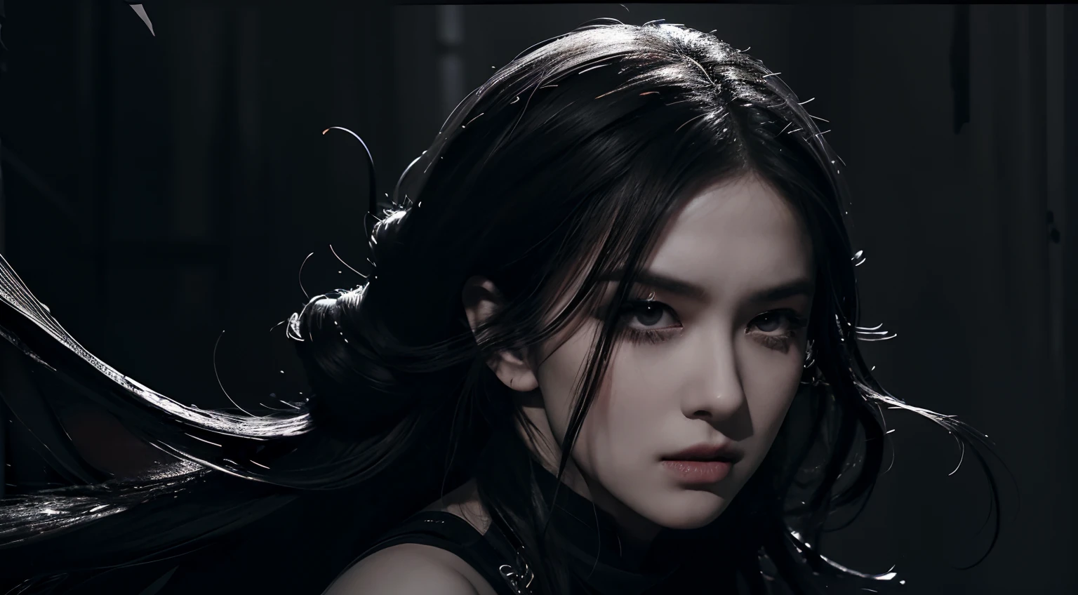 A close up of a woman with long hair in a black dress - SeaArt AI