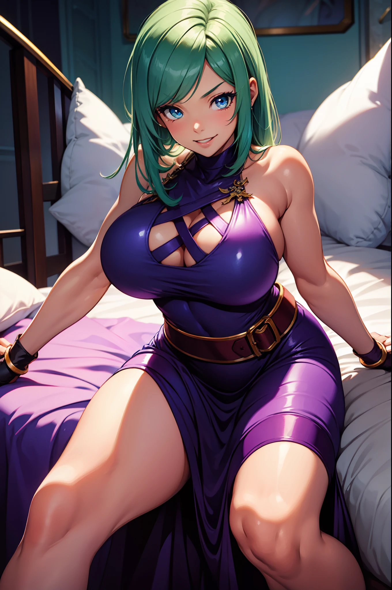 b.jenet from the king of fighters, blue eyes, short deep green hair, wearing a purple dress, sitting on a bed, matured face, blushing, joyful expression, dynamic pose, big breast, big hips, full body view, big body, thick, (Curvy:1.35), ((Master piece)), best quality, perfect bodies,beautiful detailed eyes, extremely detailed face, perfect lighting,