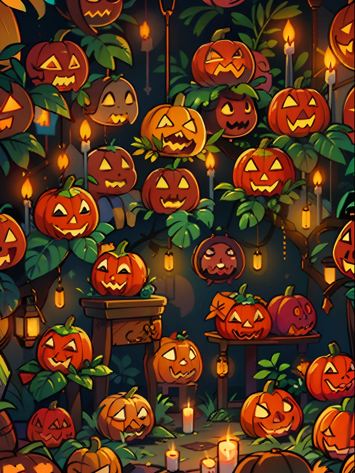 jack-o'-lantern glowing, halloween texture, pattern, pumpkins, darkness, skulls, graveyards, candles
