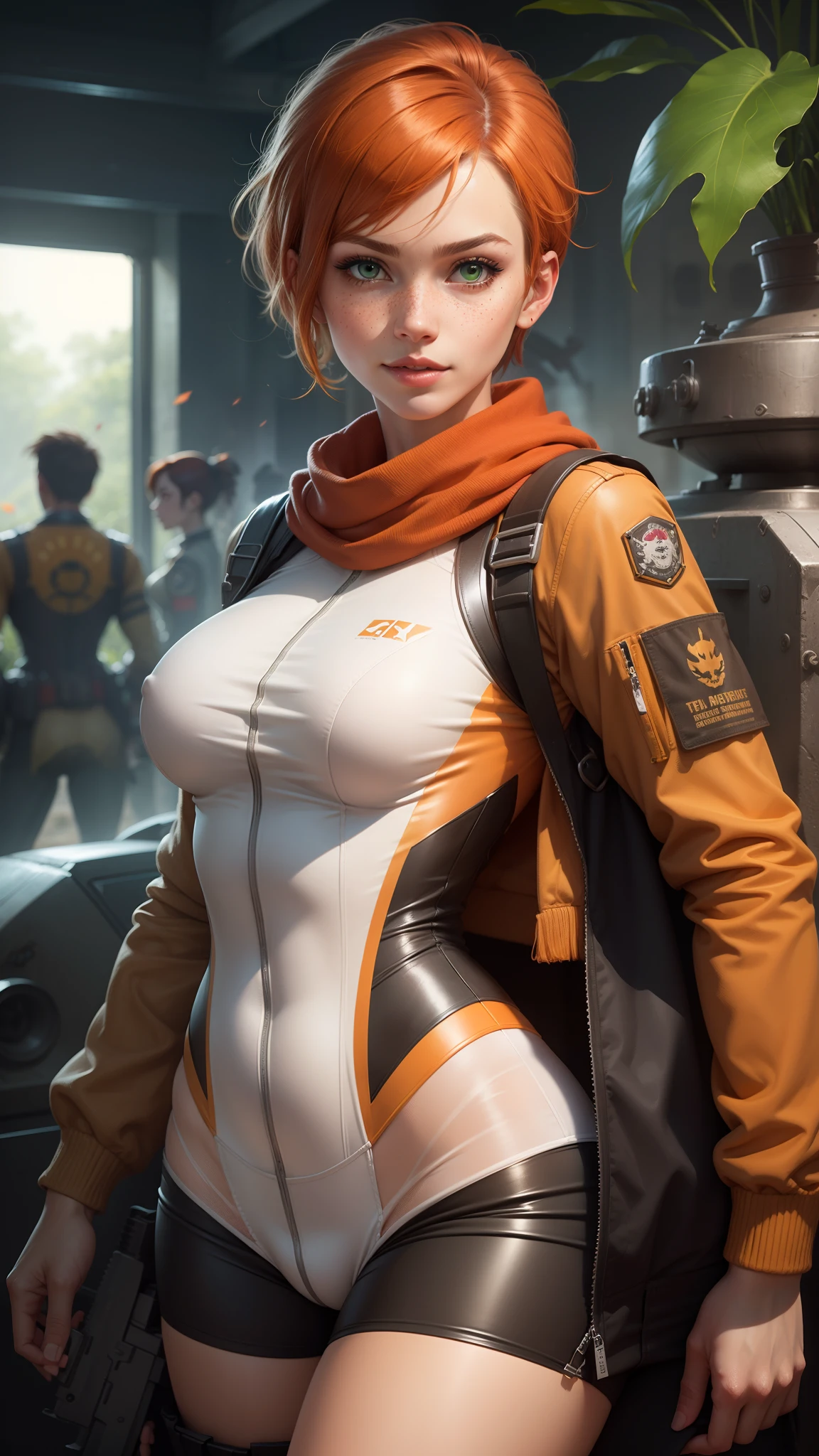gwen tennyson,tracer,chun-li,rebecca chambers,tomb raider,overwatch,1girl, close up,mecha pilot,mayan jungle, orange and pink plugsuit,hair pin,pirate corset,white long sleeve lycra top,silver lycra micro shorts,short hair,cute makeup,green eyes,orange and gold hair,shy smile,freckles,redhead,beautiful girl,large breasts,ultra detailed,realistic, fantasy art,military uniform,military gear, pilot scarf,pilot jacket,holding a handgun,