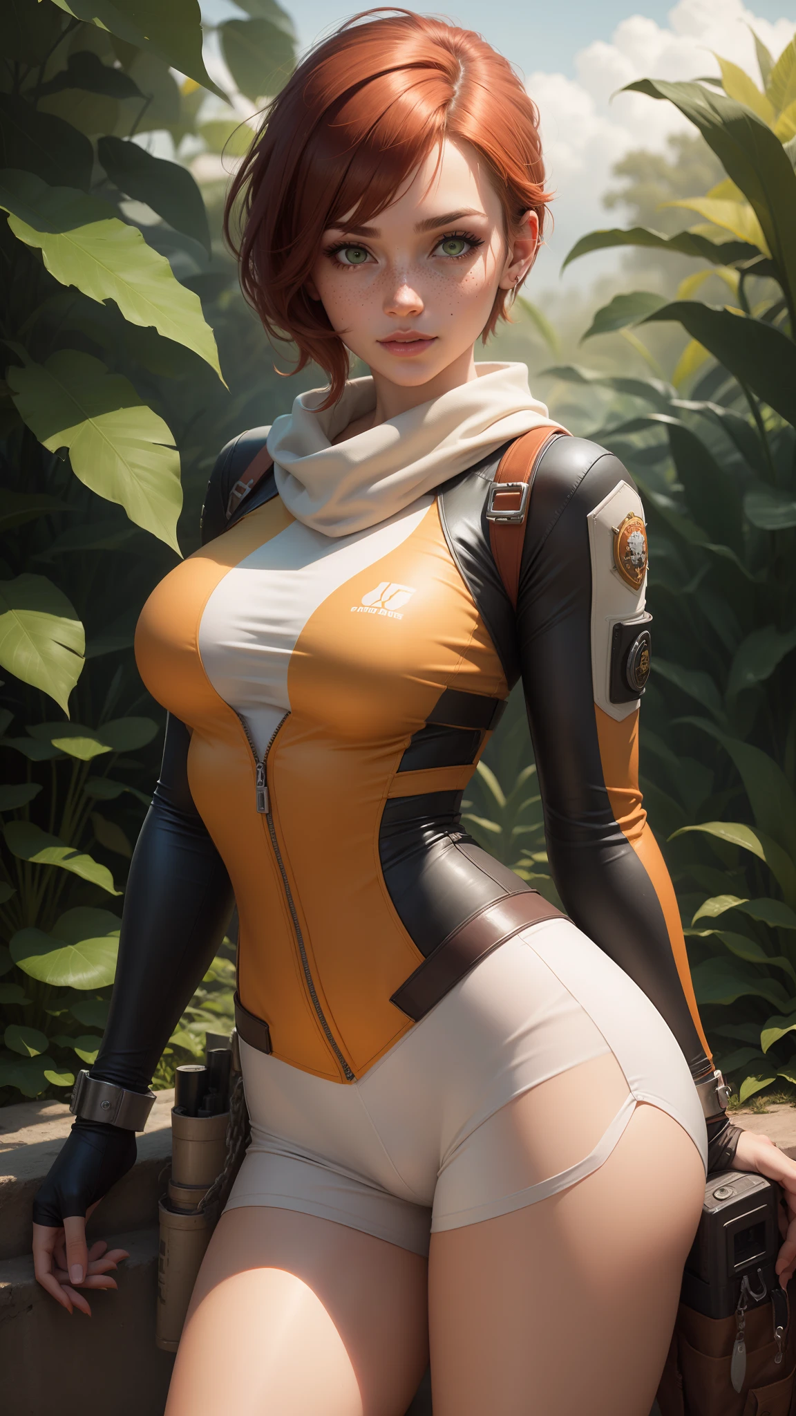 gwen tennyson,tracer,chun-li,rebecca chambers,tomb raider,overwatch,1girl, close up,mecha pilot,mayan jungle, orange and pink plugsuit,hair pin,pirate corset,white long sleeve lycra top,silver lycra micro shorts,short hair,cute makeup,green eyes,orange and gold hair,shy smile,freckles,redhead,beautiful girl,large breasts,ultra detailed,realistic, fantasy art,military uniform,military gear, pilot scarf,pilot jacket,holding a handgun,