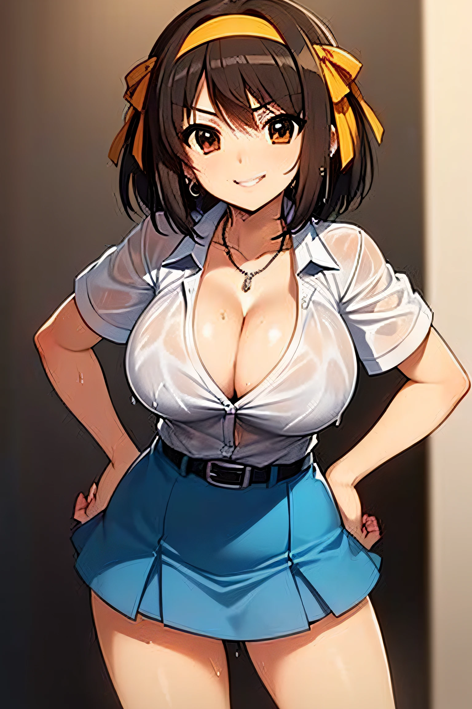 (((Short sleeve button shirt, pleated black skirt))))), (without the headband), (((21 years old, neat girl))), (short hair, brown hair, ), (((cowboy shot: 1.2)), , (((smile and confidence)), ((Big breasts)), (), (hands on hips)), (((alone, stewed breast))), very detailed face and skin texture, detailed eyes, double eyelids, natural cheeks, bronw eyes, (((Wet eyes: 1.3)), thin waist, shiny small necklace and earrings, shiny lips: 1.4, accurate, anatomically correct,haruhi suzumiya, cleavage, (focus face and breast),black skirt, black belt