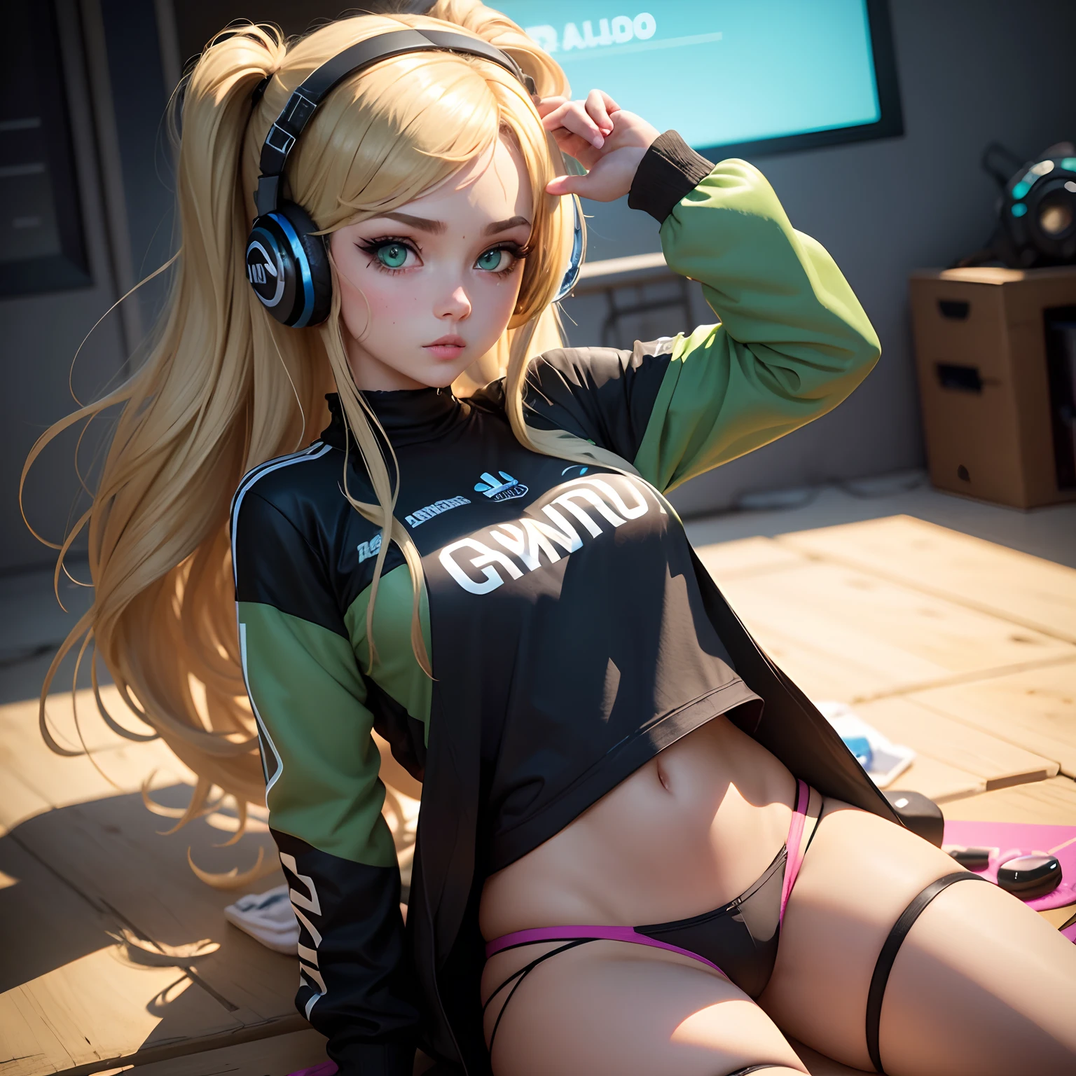 I need you to create a gamer girl, who has a headset and plays, she will be blonde, green eyes, flushed face, and sardines, the avatar needs to be in the style of the Roblox game, she will wear a Club Atletico Mineiro shirt, only the upper part of her body, she makes a heart with her hands