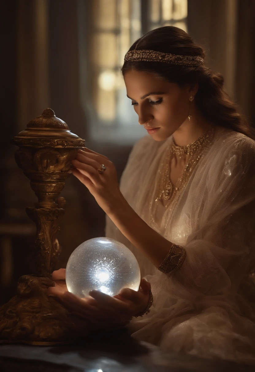 uma senhora idosa, com cabelos prateados elegantemente penteados, holds a crystal ball with a look of deep concentration and curiosity on his face. A luz do sol que entra pela janela ilumina a sala, Creating magical reflections on the surface of the transparent sphere. The lady's wrinkled hands gently touch the crystal ball, e dentro dela, Ethereal and mysterious visions unfold, revelando segredos do passado e do futuro. Her expression conveys a sense of wisdom and wonder as she connects with the mystery contained within the sphere."