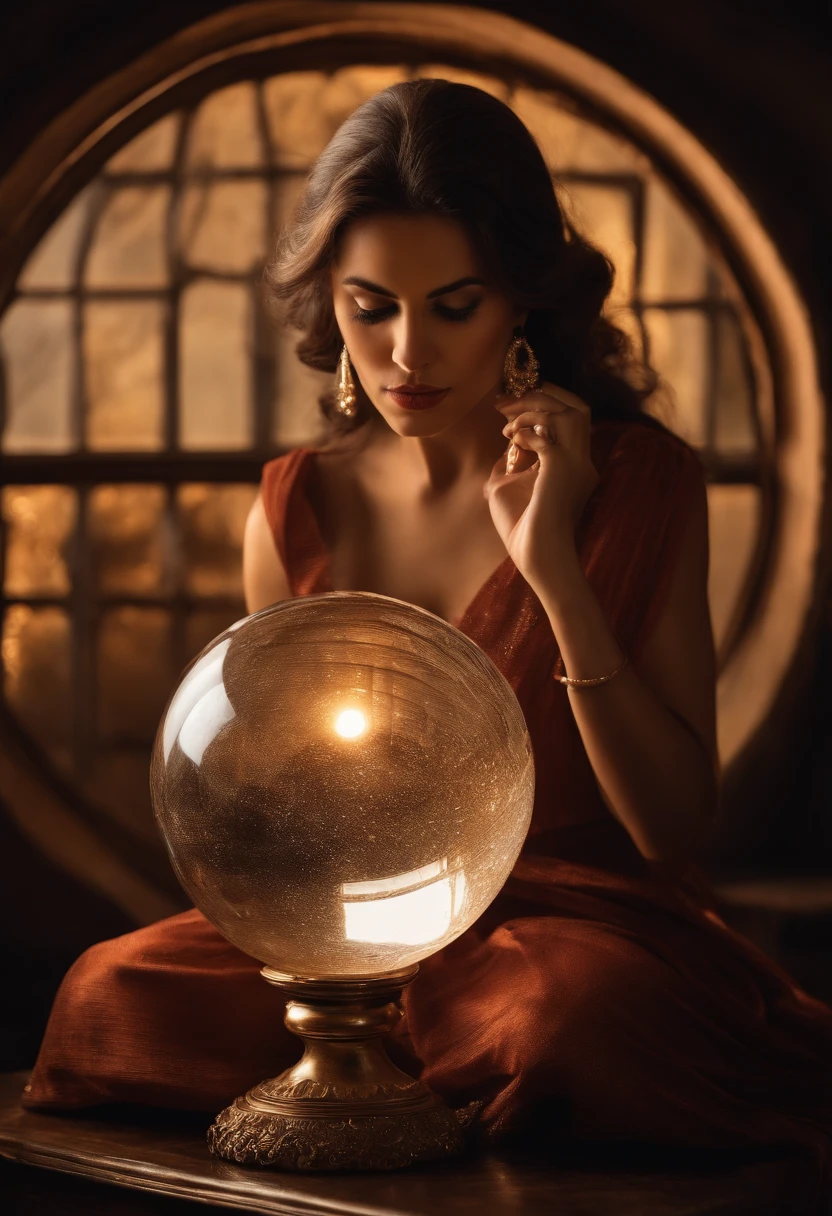 uma senhora idosa, com cabelos prateados elegantemente penteados, holds a crystal ball with a look of deep concentration and curiosity on his face. A luz do sol que entra pela janela ilumina a sala, Creating magical reflections on the surface of the transparent sphere. The lady's wrinkled hands gently touch the crystal ball, e dentro dela, Ethereal and mysterious visions unfold, revelando segredos do passado e do futuro. Her expression conveys a sense of wisdom and wonder as she connects with the mystery contained within the sphere."