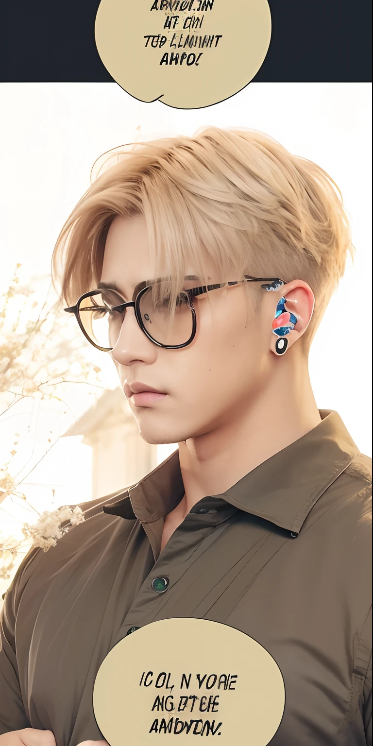 A man, army colored hair that is exposed to the light, wears black glasses, has a mole under his right lip, wears earphones, a brownish green shirt that is exposed to the light. Realistic
